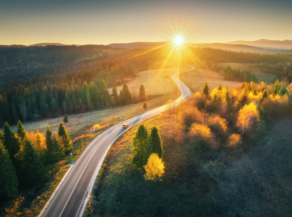 Aerial view of mountain road in forest at sunset in autumn. Top